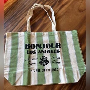 Sezane Bonjour Los Angeles striped green tote